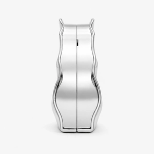 Detailed side view showing wave-shaped silver metallic acrylic clutch with mirror finish