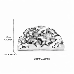 Detailed size specifications for silver acrylic fan-shaped evening clutch bag