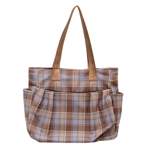 Retro plaid canvas tote bag with contrast colors and large capacity for women