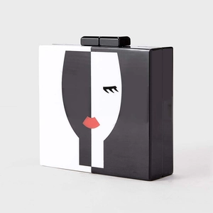 Chic women's acrylic face pattern evening clutch bag with black and white color block design