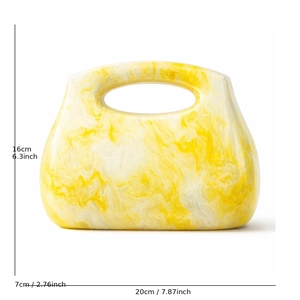 Détails du sac coquille en acrylique marbré jaune avec dimensions de 20x16x7cm