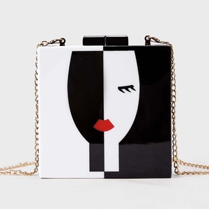 Artistic face silhouette acrylic evening clutch bag with red lips and gold chain strap