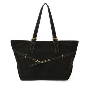 Minimalist black suede tote bag with large capacity and gold buckle for daily commuting