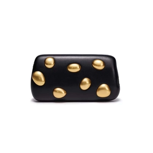 Chic black leather evening clutch with artistic gold pebble-shaped metal decorations
