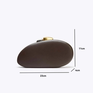Detailed dimensions of brown pebble-shaped evening clutch with gold and silver metal buckles
