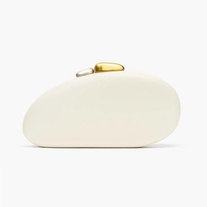 Minimalist cream pebble-shaped clutch bag with artistic gold and silver metal lock