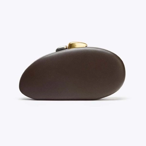 Elegant dark brown pebble shaped evening clutch with gold and silver hardware accents