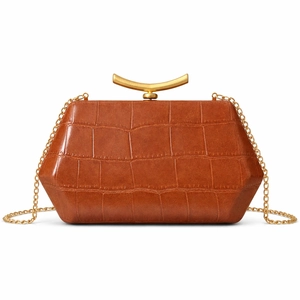 Brown crocodile texture clutch with gold arch handle and metal chain for evening wear