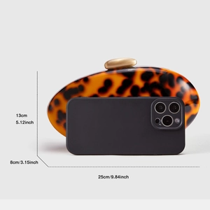 Acrylic leopard evening clutch bag showing size dimensions of 25cm by 13cm and 8cm