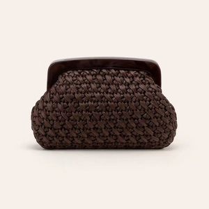 Chic dark brown woven acrylic clutch bag with cloud shape and smooth frame closure