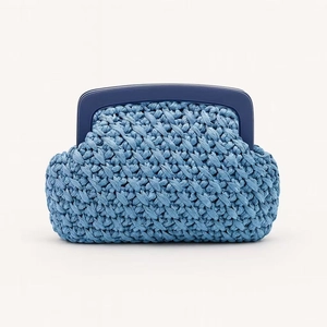 Light blue woven clutch bag with dark blue resin frame and elegant braided texture