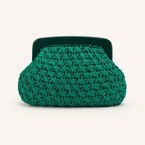 Emerald green woven clutch bag with matte frame and trendy cloud shape design