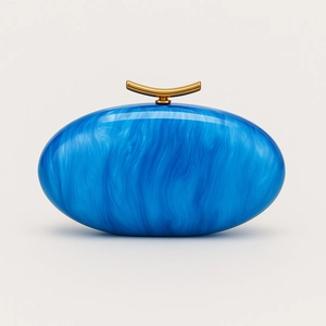 Elegant blue marble acrylic shell clutch with matte gold T-clasp for evening wedding