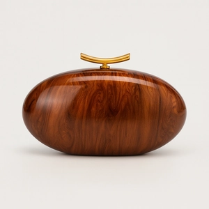 Elegant egg-shaped walnut wood shell clutch bag with gold crescent handle for wedding events