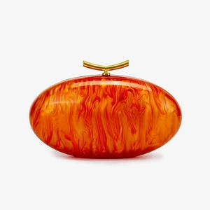 Elegant acrylic shell clutch bag with orange marble texture and gold metal clasp