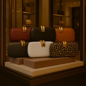 Collection of PU leather evening clutch bags with gold tubular metal clasps in six colors