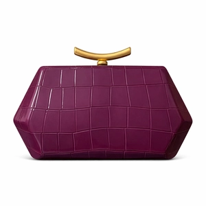 Deep purple geometric evening clutch featuring crocodile texture and gold crescent clasp