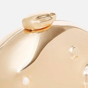 Elegant gold mirror finish evening clutch bag with pebble clasp and sparkling rhinestones