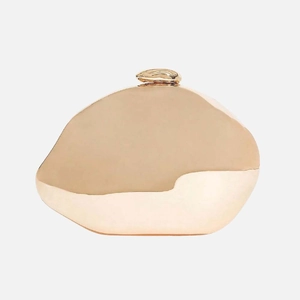 Elegant gold pebble shaped metal evening clutch bag with creative sculptural top clasp
