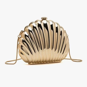 Elegant gold shell evening clutch bag with metallic pleated texture and snake chain strap