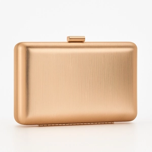 Elegant gold metallic evening clutch bag with vertical striped texture and top metal clasp