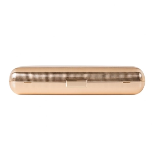 Minimalist light gold metal rectangular clutch bag with ribbed texture and polished finish