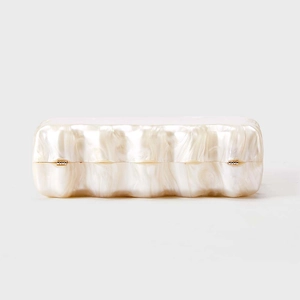 Elegant acrylic evening clutch with white marble texture and gold metal hardware for weddings