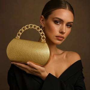 Close-up of gold PU clutch with chunky metal chain handle for elegant evening wear