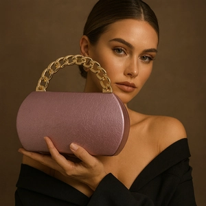 Pink metallic clutch bag with chunky gold chain handle shown by a model