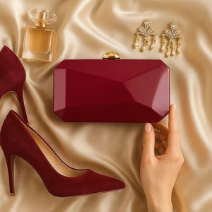 Deep burgundy geometric clutch bag with glossy finish and matching heels on silk