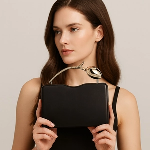 Detailed view of luxury PU clutch with gold tulip handle and matte black leather finish