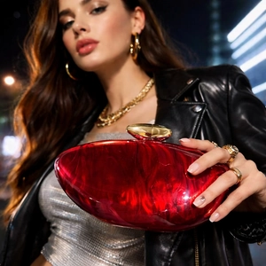 Deep red marble acrylic evening clutch bag with gold pebble clasp and fluid design