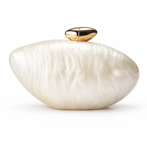 Detail of pearlescent acrylic evening clutch with gold oval clasp and marble texture