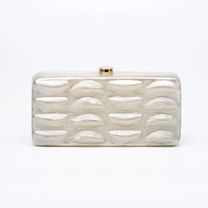Elegant pearlescent white acrylic clutch bag with wave texture and gold clasp for weddings