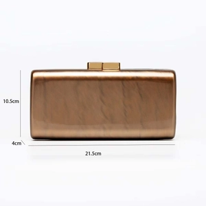 Bronze metallic clutch bag with dimensions 21.5cm by 10.5cm and gold clasp detail