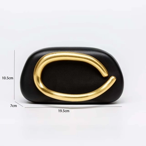 Detail view of acrylic shell clutch with C-shaped gold handle and dimensions 19.5x10.5x7cm