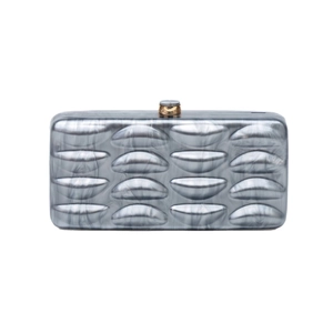 Silver marble acrylic shell clutch bag with 3D leaf pattern and gold metal clasp