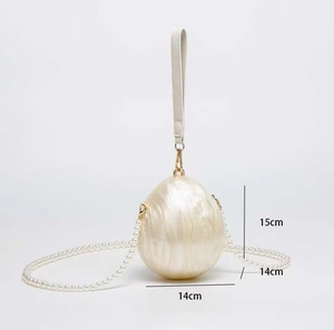 Detail view of the shell-shaped acrylic evening clutch showing the 15cm x 14cm dimensions