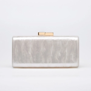 Elegant pearl white marble acrylic evening clutch bag with gold rectangular metal clasps