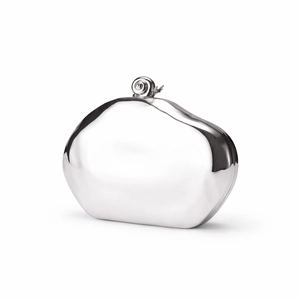 Silver mirror metal clutch bag with unique pebble shape and ornate snail clasp decoration