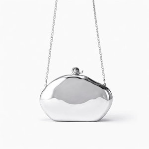 Macro view of silver metallic clutch with mirror finish and snail-shaped metal clasp