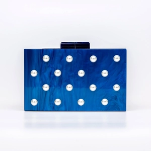Blaue Marmor-Acryl-Clutch mit Perlenverzierung und Harzverschluss für Abendpartys