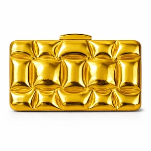 Close-up of golden acrylic evening clutch featuring 3D quilted texture and metallic clasp