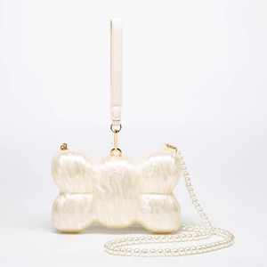 Elegant pearl white shell acrylic clutch bag with marble texture and pearl chain strap