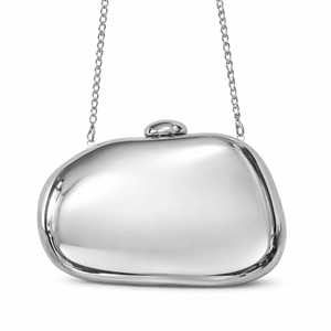 Polished silver pebble-shaped hardshell clutch bag with metallic chain and clasp detail