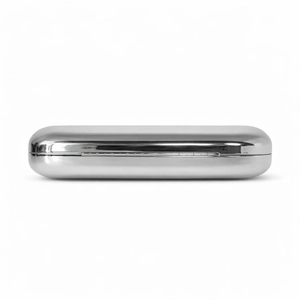 Close-up of polished silver oval metal evening clutch bag with glossy mirror finish