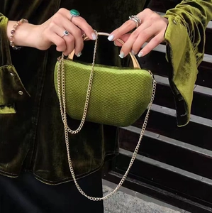 Detail of green snake pattern handbag with round gold metal handle and chain strap
