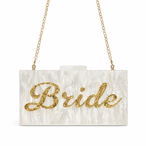 White marble acrylic Bride clutch bag with gold lettering and metal chain strap