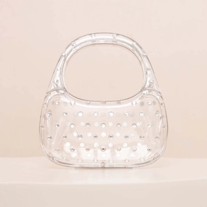 Chic transparent acrylic evening bag with sparkling rhinestones and a semi-circular handle