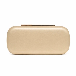 Elegant champagne gold hard shell evening clutch bag with metallic clasp for formal events
